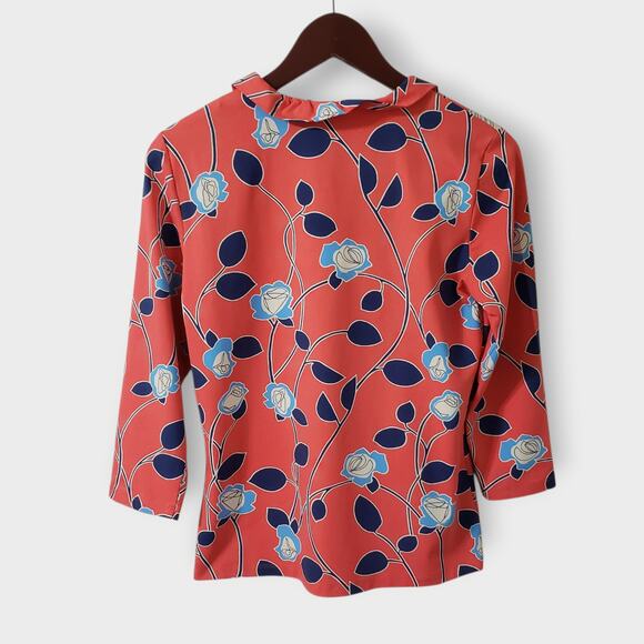 J. Mclaughlin Durham Ruffle Top Catalina Cloth Coral Pink Blue Floral Sz Medium - Picture 4 of 11